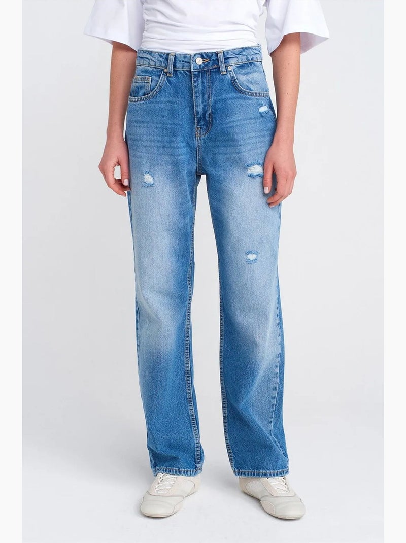 Jeans mom de cintura subida e perna larga e larga dilvin Azul-safira - Kiabi