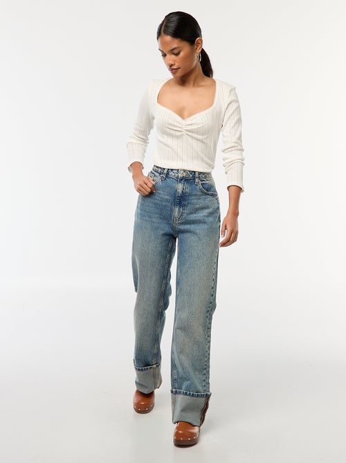 Jeans regular / cintura subida com dobra larga na bainha - Kiabi