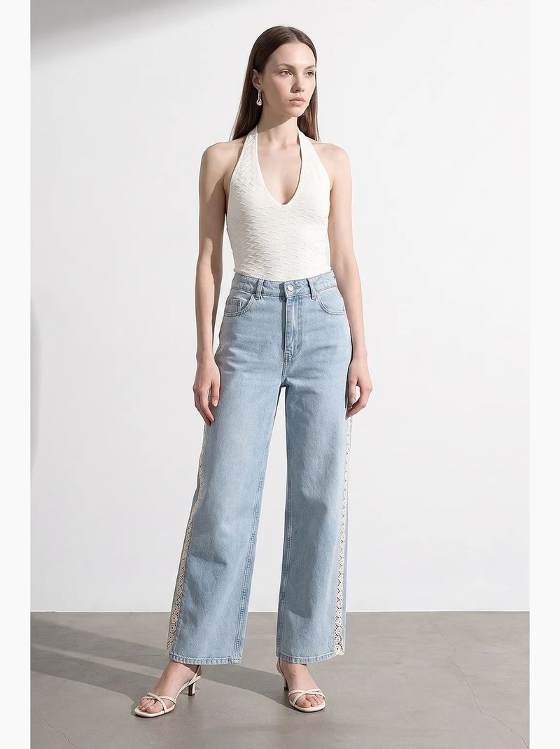 Jeans retos bordados de cintura alta dilvin Azul claro - Kiabi