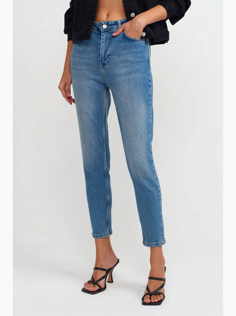 Jeans slim straight de cintura subida para mulher dilvin Azul-safira - Kiabi