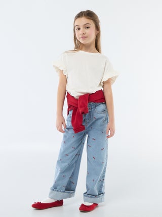 Jeans wide leg com estampado fantasia