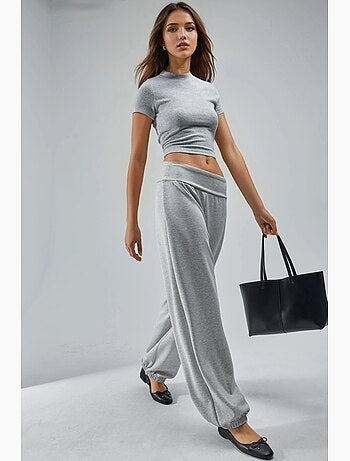 Joggers de malha de perna larga de cintura média busem