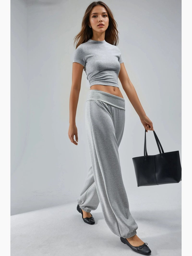 Joggers de malha de perna larga de cintura média busem Cinza claro - Kiabi