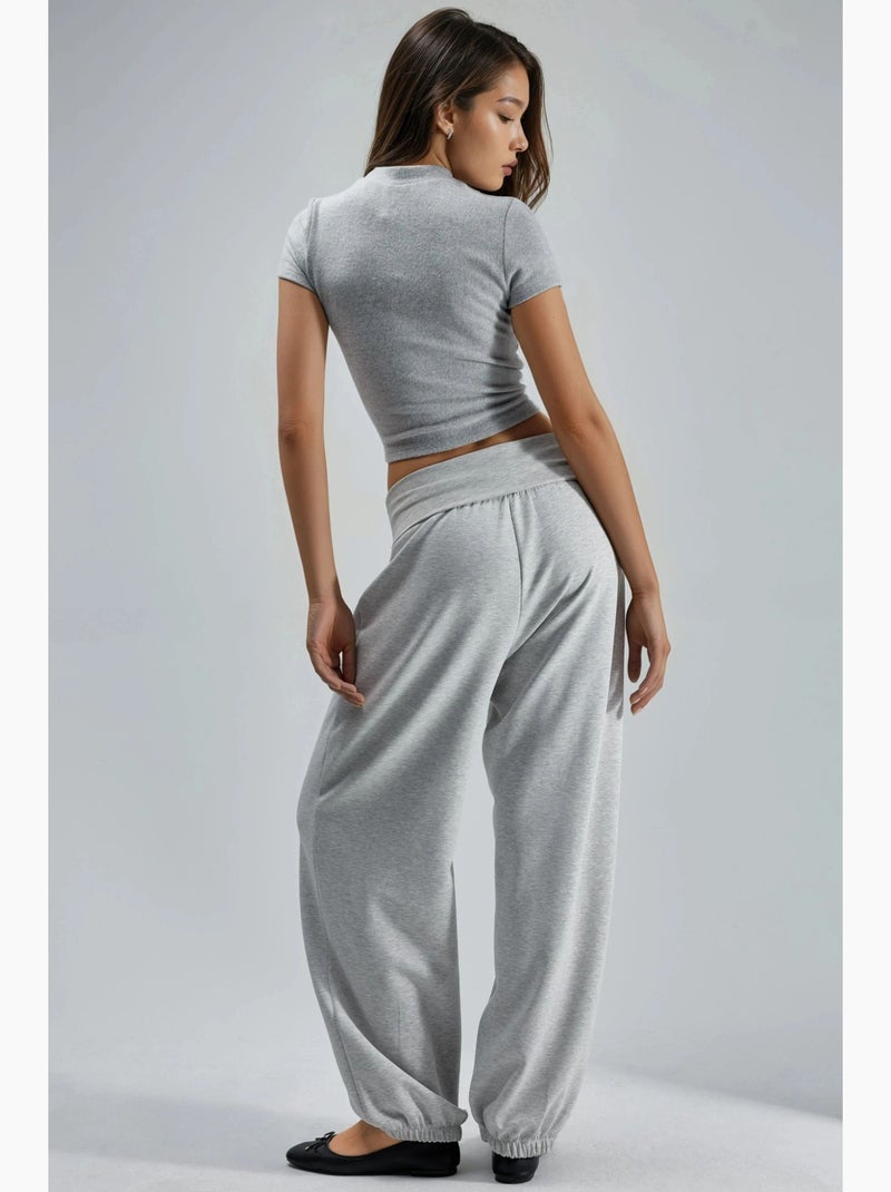 Joggers de malha de perna larga de cintura média busem Cinza claro - Kiabi