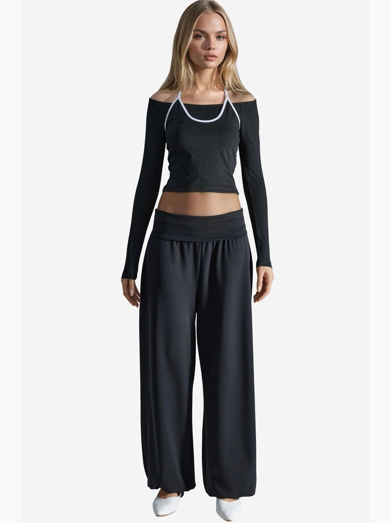 Joggers de malha de perna larga de cintura média busem Preto - Kiabi