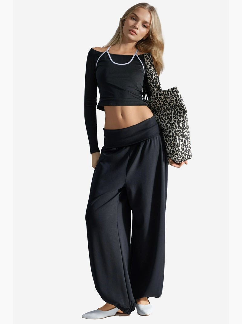 Joggers de malha de perna larga de cintura média busem Preto - Kiabi