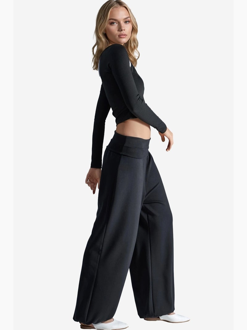 Joggers de malha de perna larga de cintura média busem Preto - Kiabi