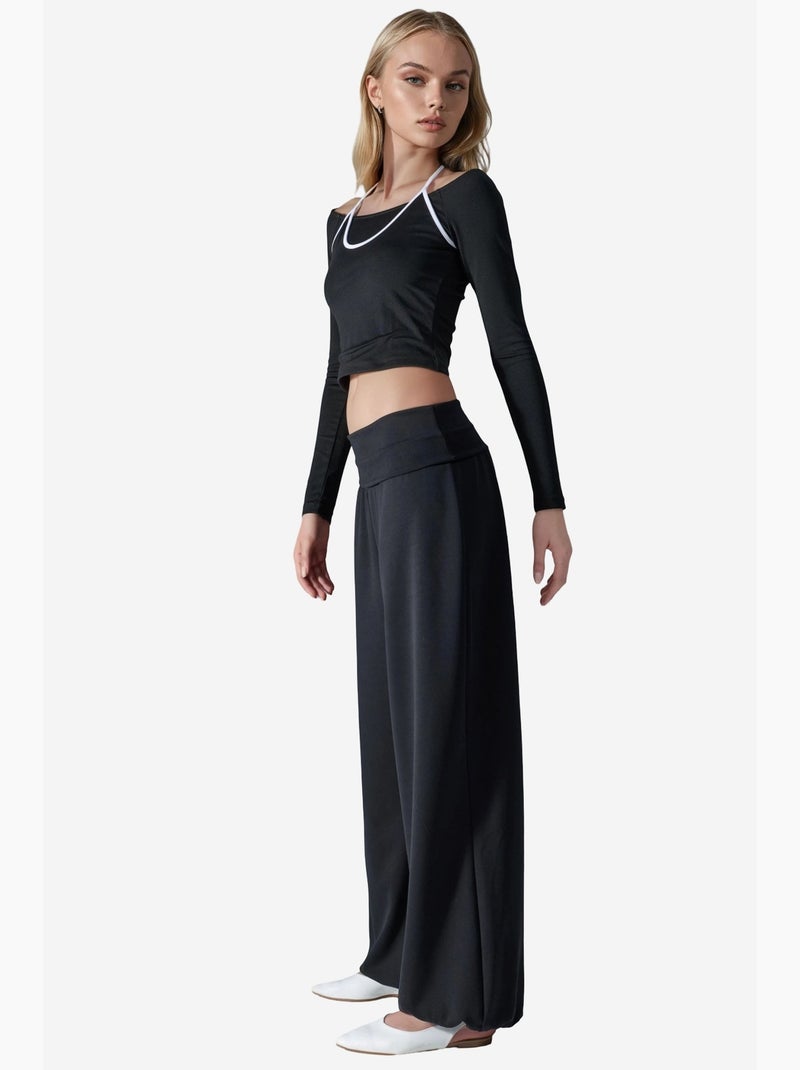 Joggers de malha de perna larga de cintura média busem Preto - Kiabi