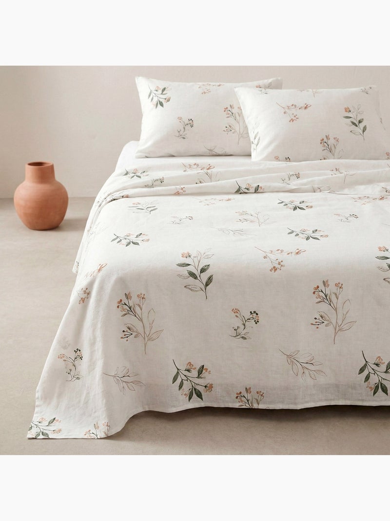 Jogo de lençóis 100% algodão com estampado floral. Branco Verde - Kiabi