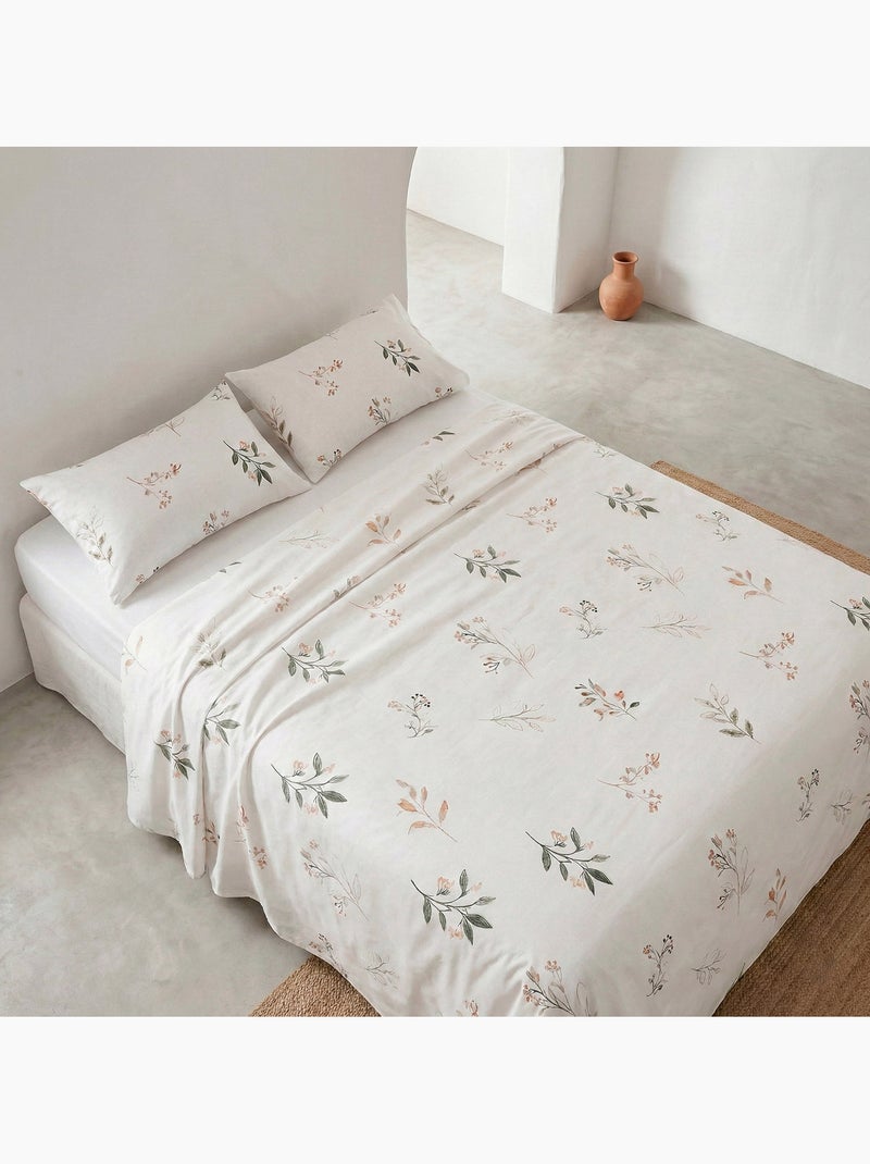 Jogo de lençóis 100% algodão com estampado floral. Branco Verde - Kiabi