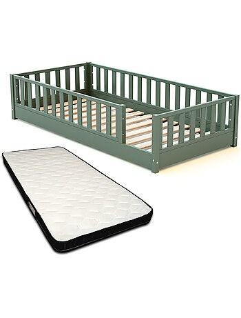 Jurababy - cama infantil de chão de madeira sonho com colchão - 90x190 - verde sálvia