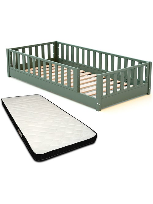 Jurababy - cama infantil de chão de madeira sonho com colchão - 90x190 - verde sálvia - Kiabi Jurababy - cama infantil de chão de madeira sonho com colchão - 90x190 - verde sálvia - Kiabi