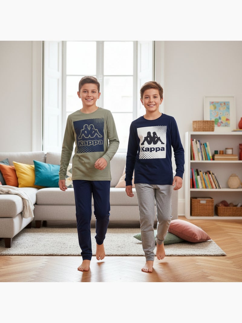 KAPPA Pijama Comprido Rapaz Pack de 2 Algodão Logo Omini Decote Redondo Manga Comprida Azul Caqui - Kiabi
