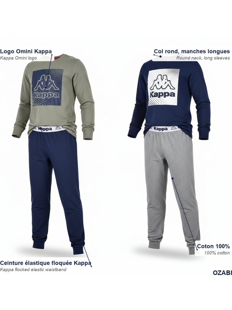KAPPA Pijama Comprido Rapaz Pack de 2 Algodão Logo Omini Decote Redondo Manga Comprida Azul Caqui - Kiabi