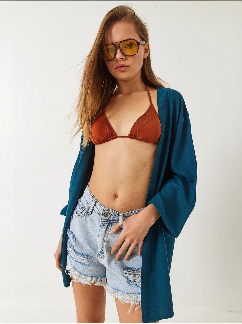 Kimono em mistura de viscose e linho lucci Verde escuro - Kiabi