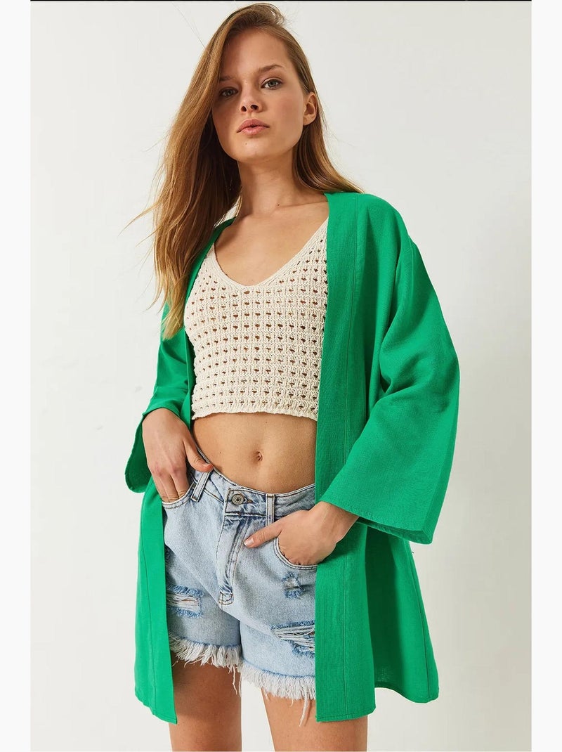 Kimono em mistura de viscose e linho lucci Verde - Kiabi