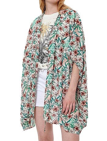 Kimono feminino kaporal growe com padrão floral turquesa e vermelho