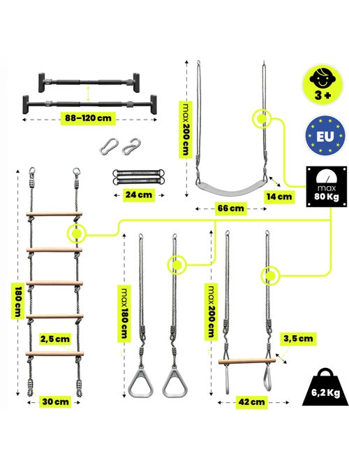 Kit de ginástica 5 em 1 hypermotion para crianças com escada, balanço e barra de tração - Kiabi