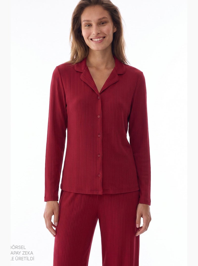 Lana conjunto de pijama camisa e calça de manga comprida canelado penti Vermelho bordô - Kiabi