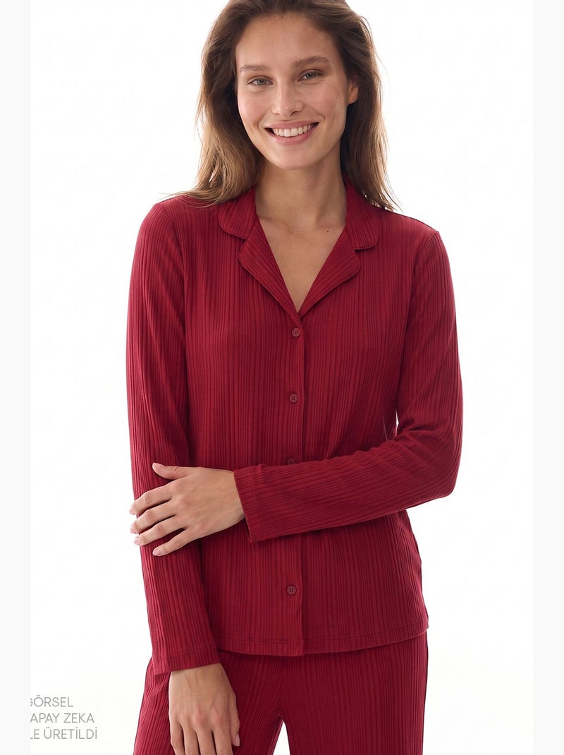 Lana conjunto de pijama camisa e calça de manga comprida canelado penti Vermelho bordô - Kiabi