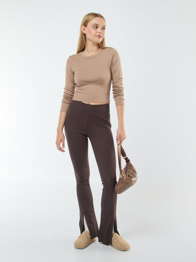 Leggings boca de sino nervuradas Castanho - Kiabi