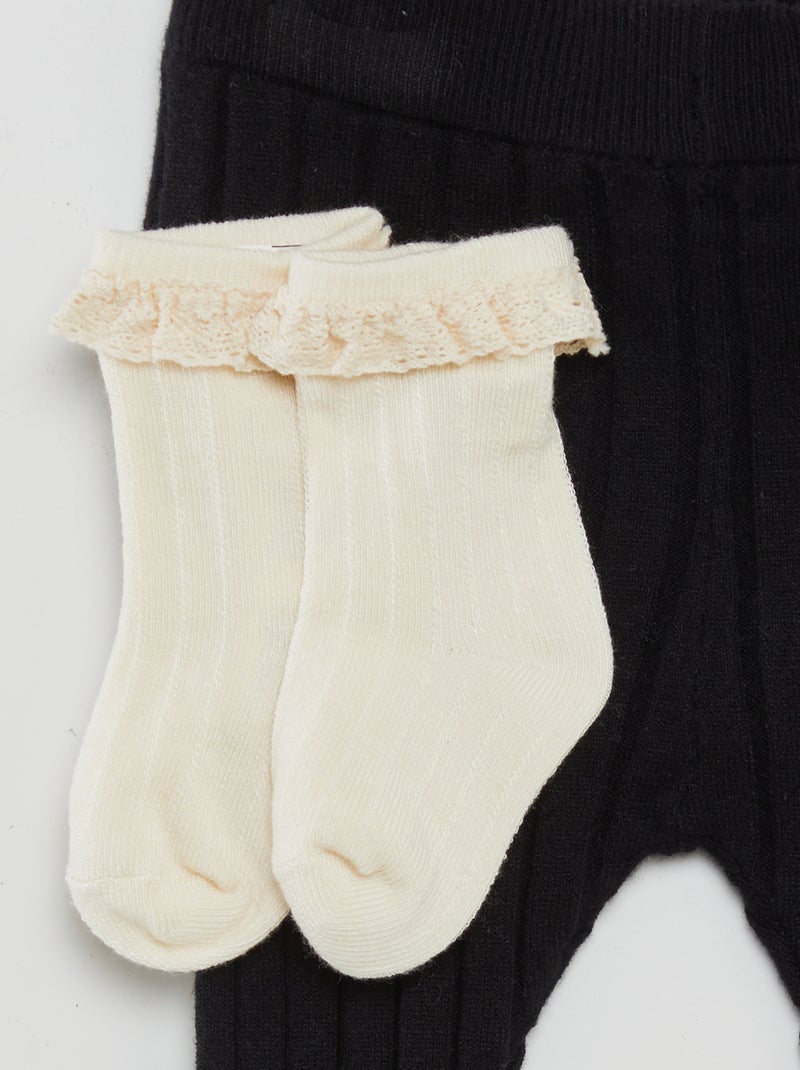 Leggings caneladas + meias com bordado Preto - Kiabi