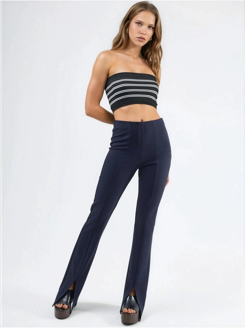 Leggings de cintura subida à boca de sino com racha busem Azul-marinho - Kiabi