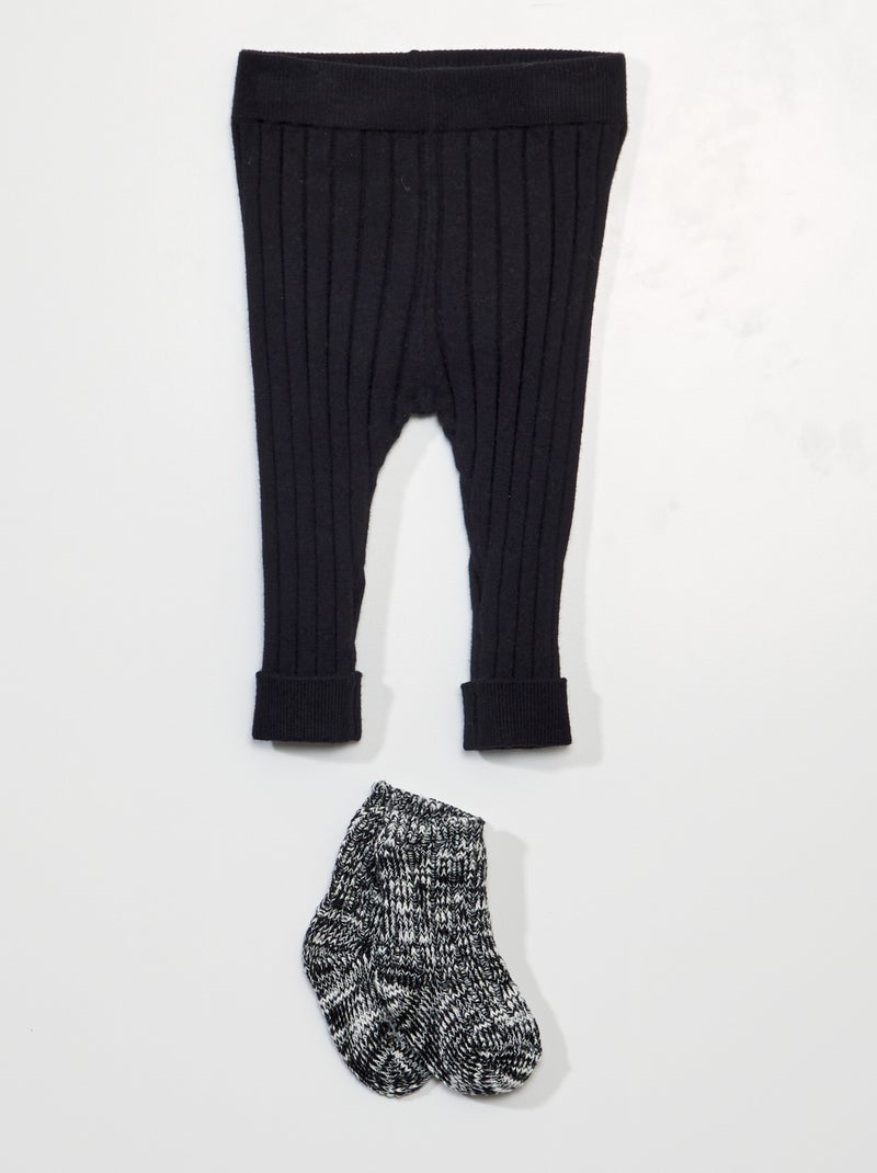 Leggings de malha canelada + meias - 2 peças Preto - Kiabi