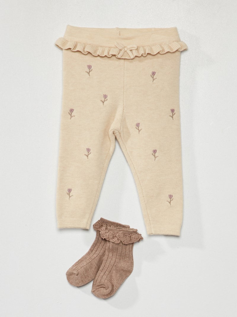 Leggings em malha com bordado + meias - 2 peças BEGE - Kiabi