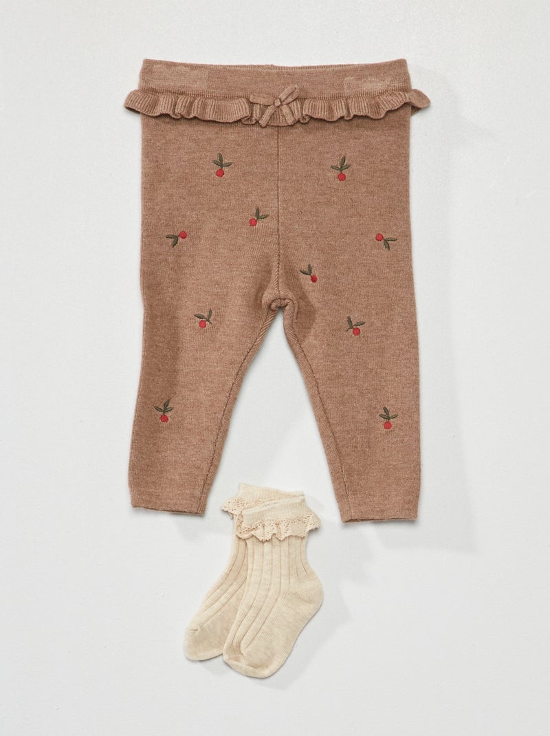 Leggings em malha com bordado + meias - 2 peças CASTANHO - Kiabi