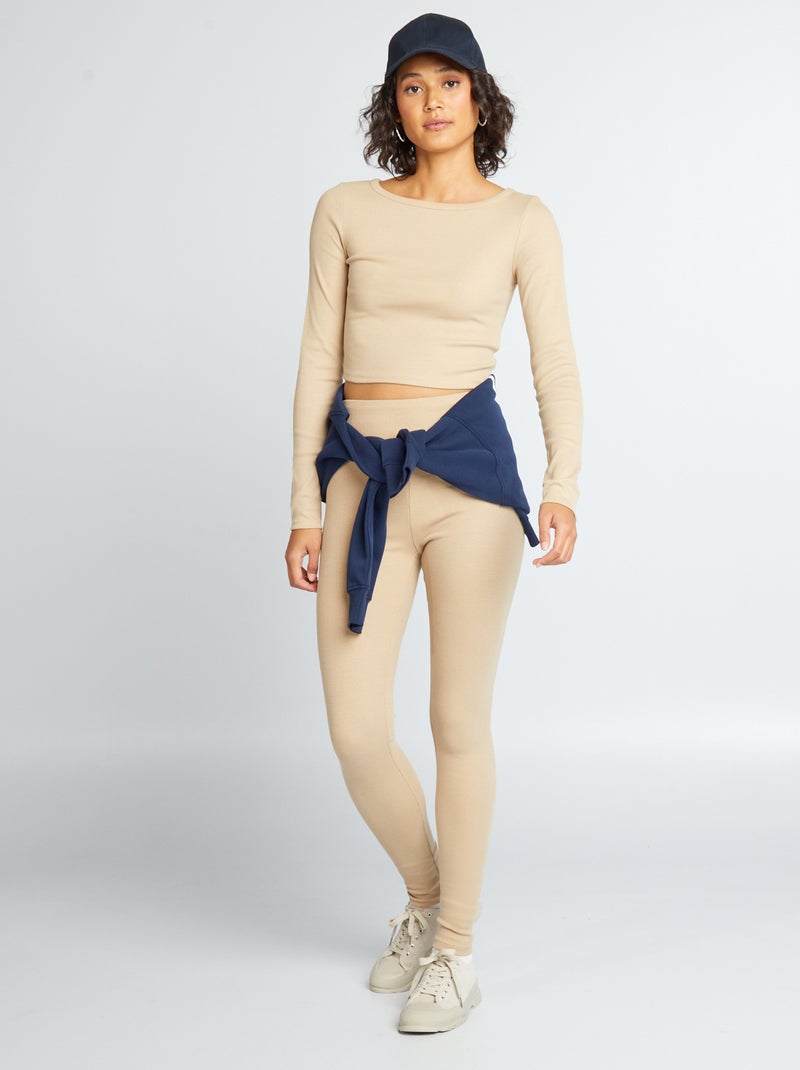 Leggings em malha nervurada BEGE - Kiabi