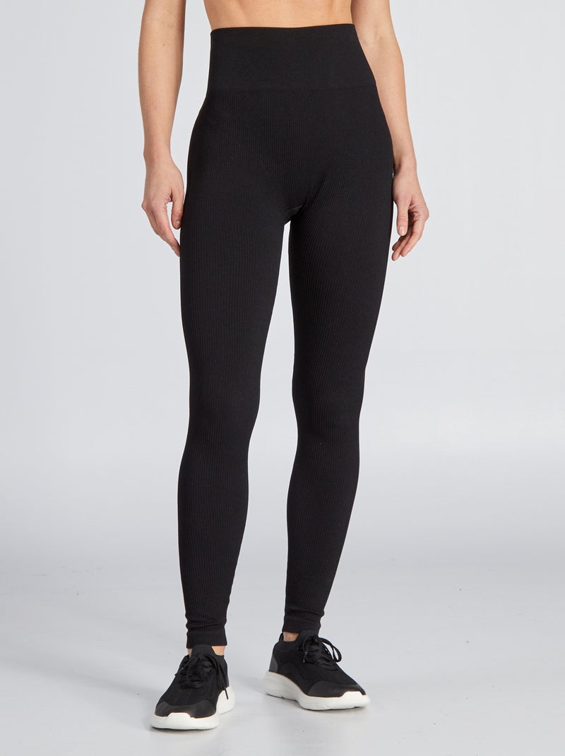 Leggings lisos em malha nervurada Preto - Kiabi