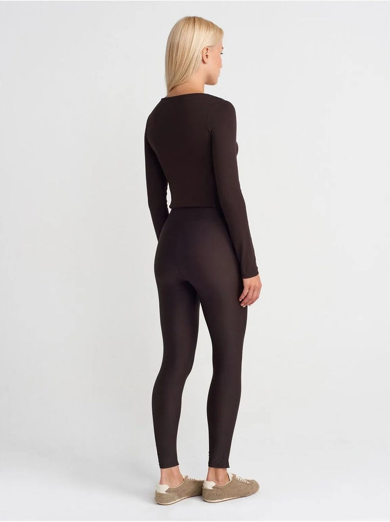 Leggings skinny de cintura subida com detalhe de fecho dilvin Castanho-chocolate - Kiabi