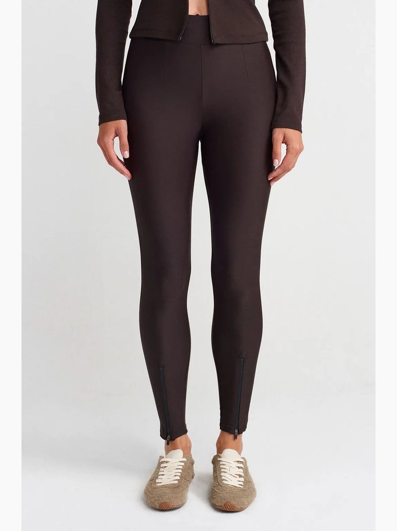Leggings skinny de cintura subida com detalhe de fecho dilvin Castanho-chocolate - Kiabi