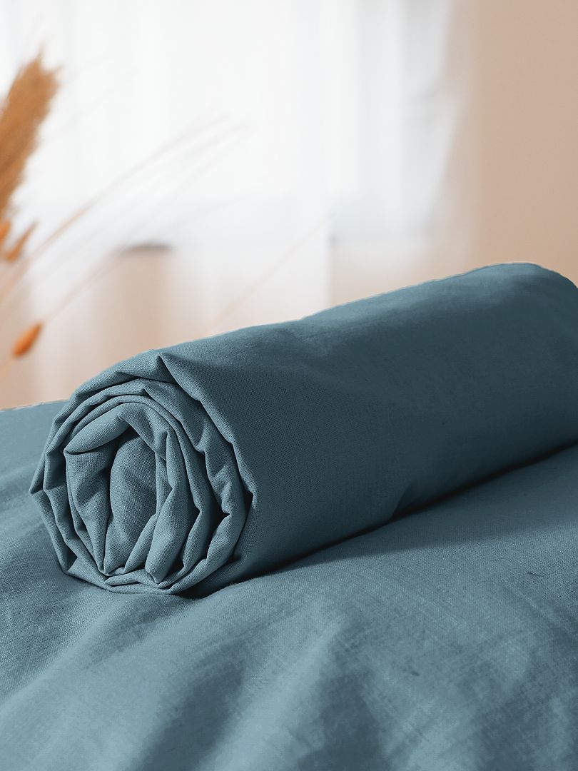 Lençol-capa liso em algodão lavado Azul Marinho - Kiabi