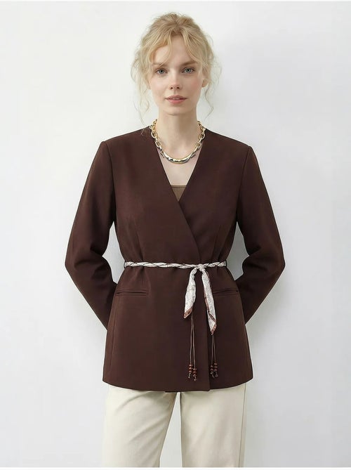 Long v-neck belted blazer jacket lucci - Kiabi Long v-neck belted blazer jacket lucci - Kiabi