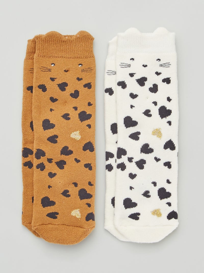 Lote de 2 pares de meias 'corações' e 'gato' MARROM - Kiabi