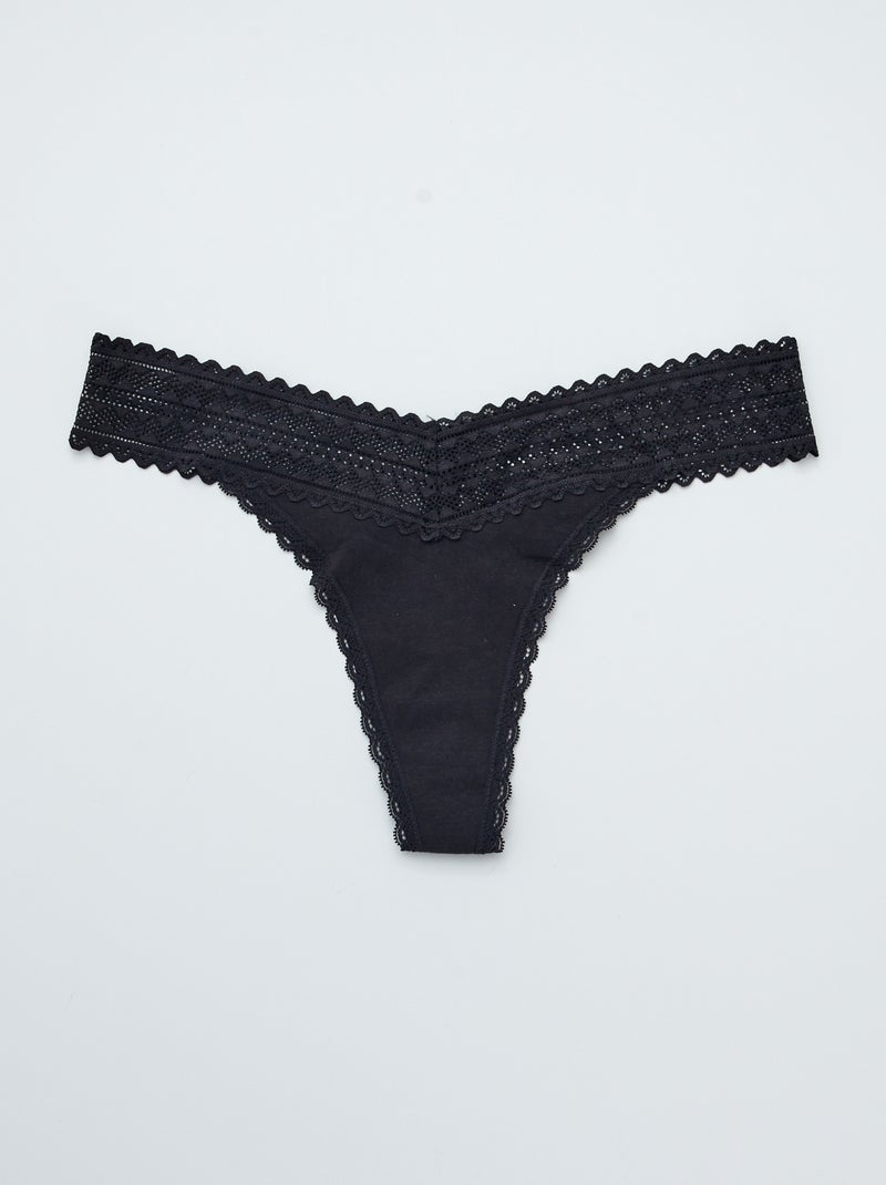 Lote de 3 tangas em algodão e renda PRETO - Kiabi