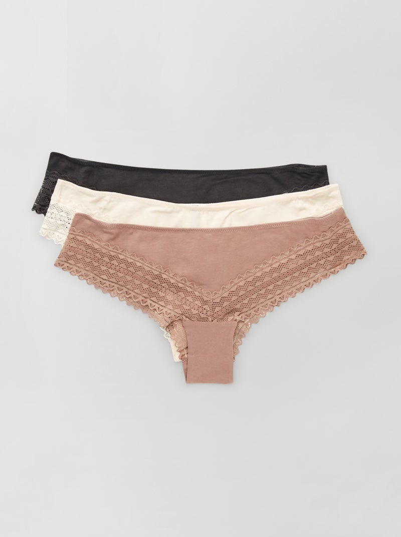 Lote de 3 tangas em algodão e renda ROSA - Kiabi