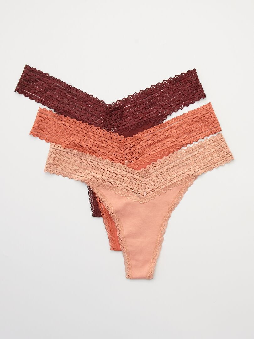 Lote de 3 tangas em algodão e renda ROSA - Kiabi