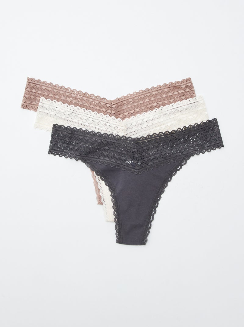 Lote de 3 tangas em algodão e renda ROSA - Kiabi