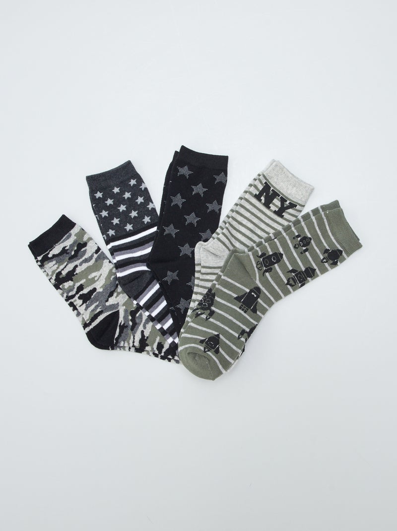 Lote de 5 pares de meias com estampado americano PRETO - Kiabi