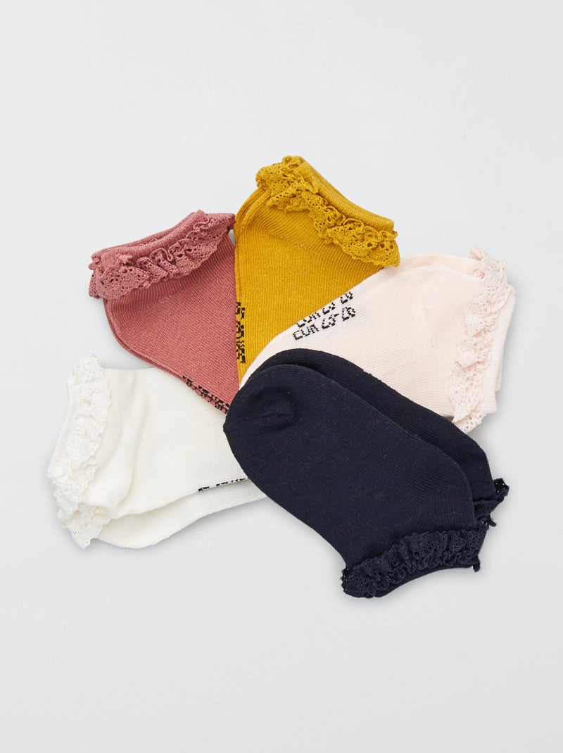 Lote de 5 pares de meias curtas com folhos ROSA - Kiabi
