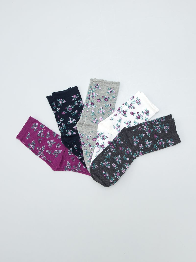 Lote de 5 pares de meias estampadas com flores CINZA - Kiabi