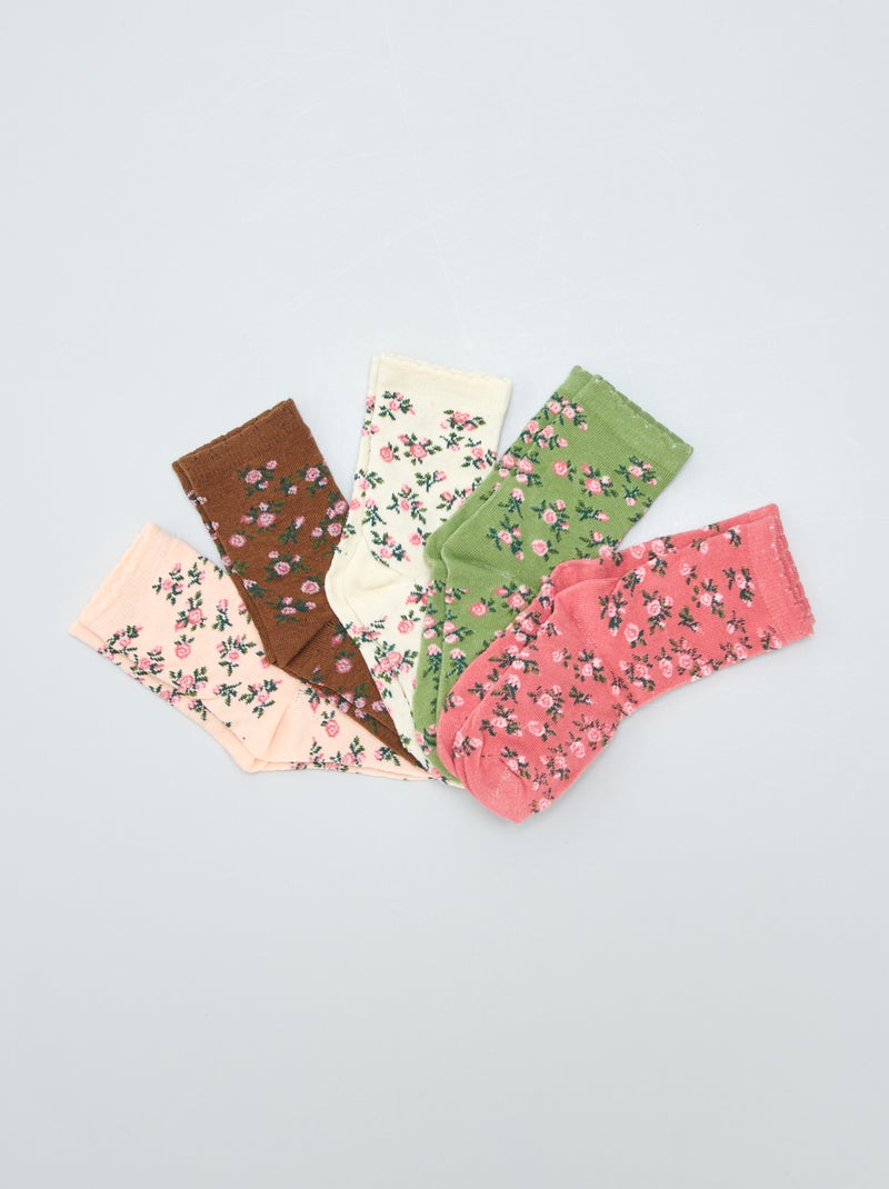 Lote de 5 pares de meias estampadas com flores ROSA - Kiabi