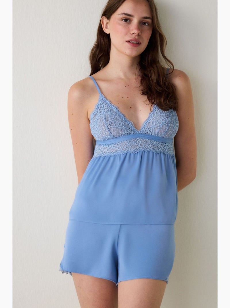 Luna short de pijama em cetim com renda penti Azul-céu - Kiabi