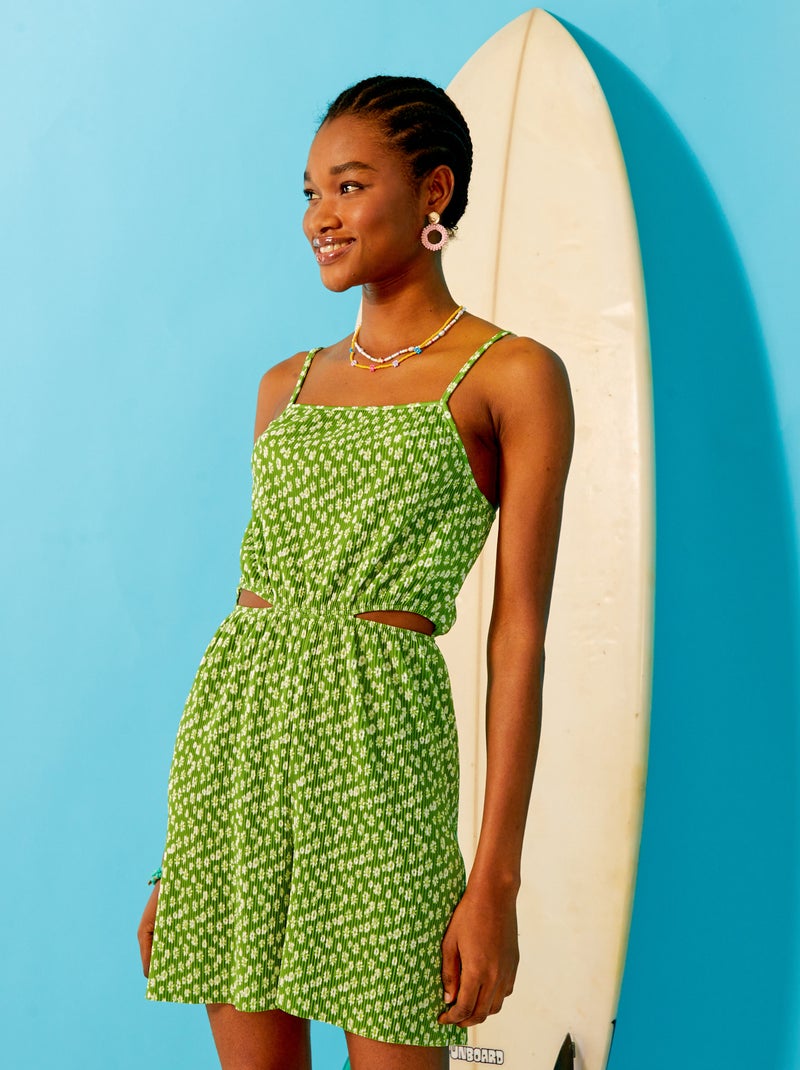 Macacão-calção com alças finas com estampado florido VERDE - Kiabi