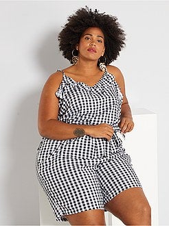 Macacão-calção com folho estampado 'vichy' - Kiabi