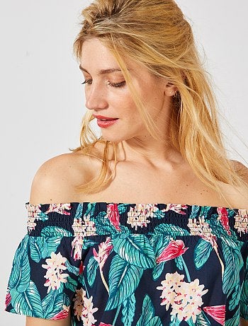 Macacão-calção com gola bardot - Kiabi