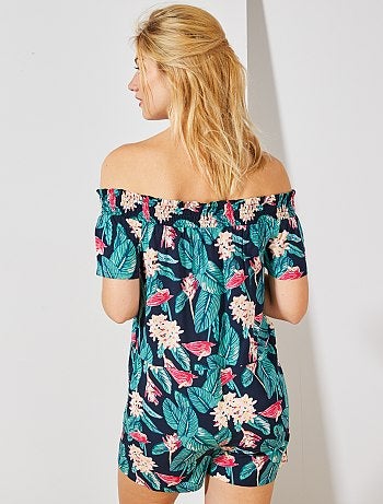 Macacão-calção com gola bardot - Kiabi